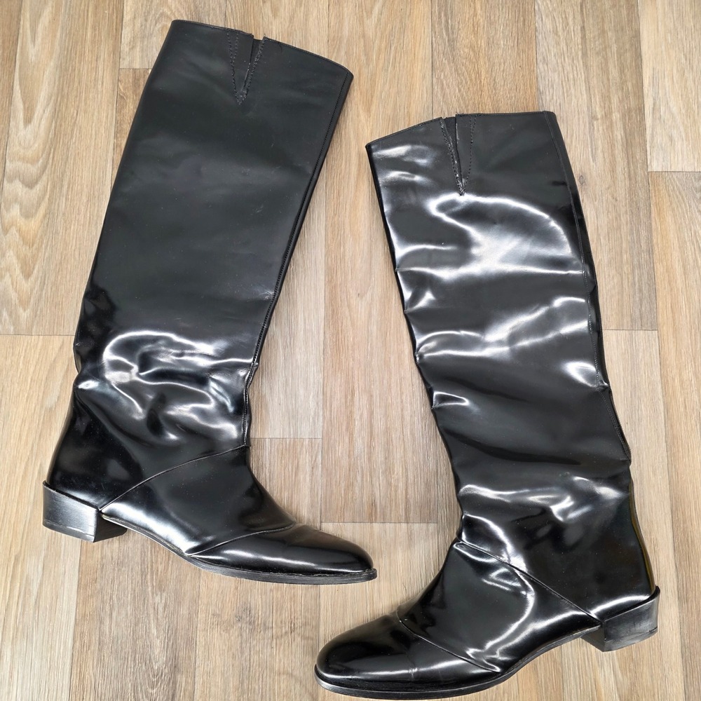 Roger‎ Vivier Black Patent Leather Knee High Boots Low Heel Made in Italy 39.5